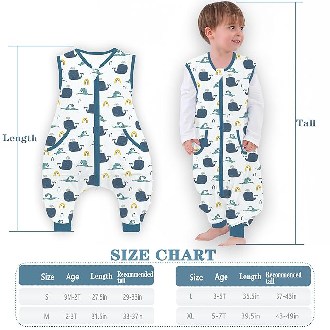 Toddler Sleeping Sack, Toddler Sleep Sack with Feet, Walker Wearable Blanket, Sleeping Bag with Legs,0.5Tog（Whale 9M-2T）