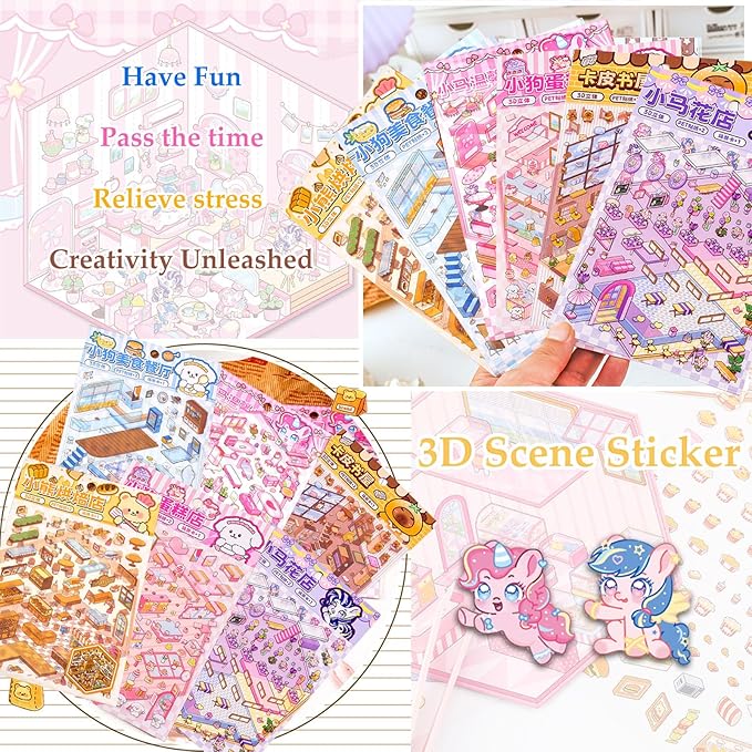DIY 3D Sticker Scene, 6 Sets of Stickers for Girls Make Your Own Mini Room Scene Stickers for Kids Cute Kawaii Sticker Therapy for Adult Relief Stress, Holiday & Christmas Fun