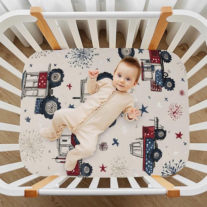 Tractors July 4th Fireworks and Stars Crib Sheets Standard Crib Toddler Mattresses Cover Fitted Baby Bed Sheet Breathable Crib Mattress Sheet for Girls Boys 39''x27''x9''