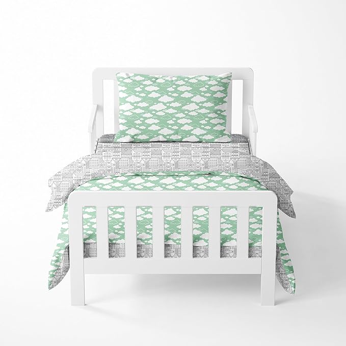 Bacati Clouds in The City 4 Pc Toddler Bedding Set, Mint/Grey