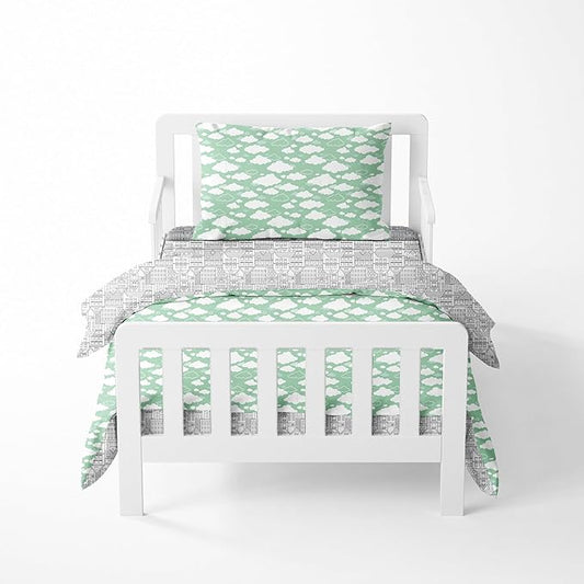 Bacati Clouds in The City 4 Pc Toddler Bedding Set, Mint/Grey