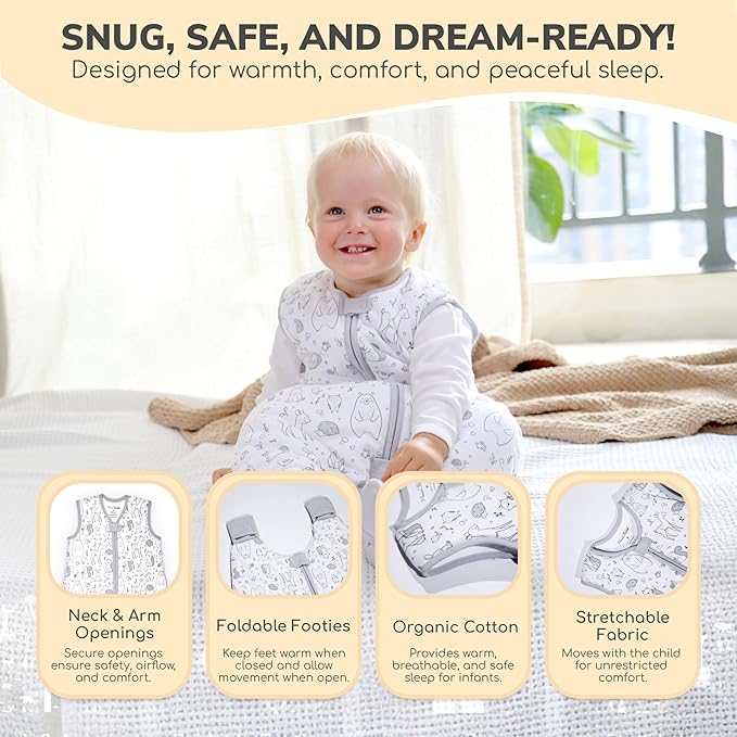Mama Cheetah Toddler Sleep Sack with Feet 3T-4T, 1.0 TOG Organic Cotton Baby Wearable Blankets with Legs, Baby Sleeping Bag for Walkers, Early Walker Large