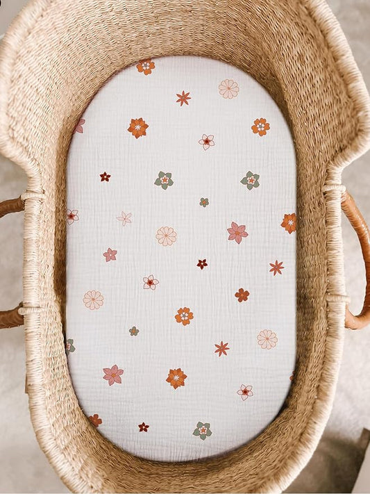 Bassinet Sheet for Baby Boy and Girl, Fitted Sheets for Rectangle, Oval, Hourglass Bassinet Mattress, Muslin Moses Basket Sheets with Neutral Style (Flower-B)