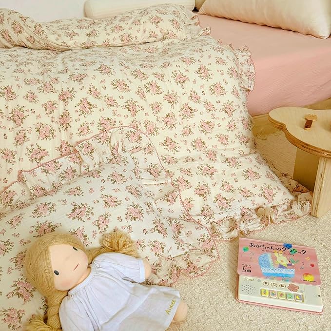 BuLuTu Girls Toddler Kids Duvet Cover Pink Floral Chic Duvet Covers with Ruffles Muslin Cotton Soft Comforter Cover, 47"x59", Soft Lightweight, Machine Wash, No Pillowcases/Comforter
