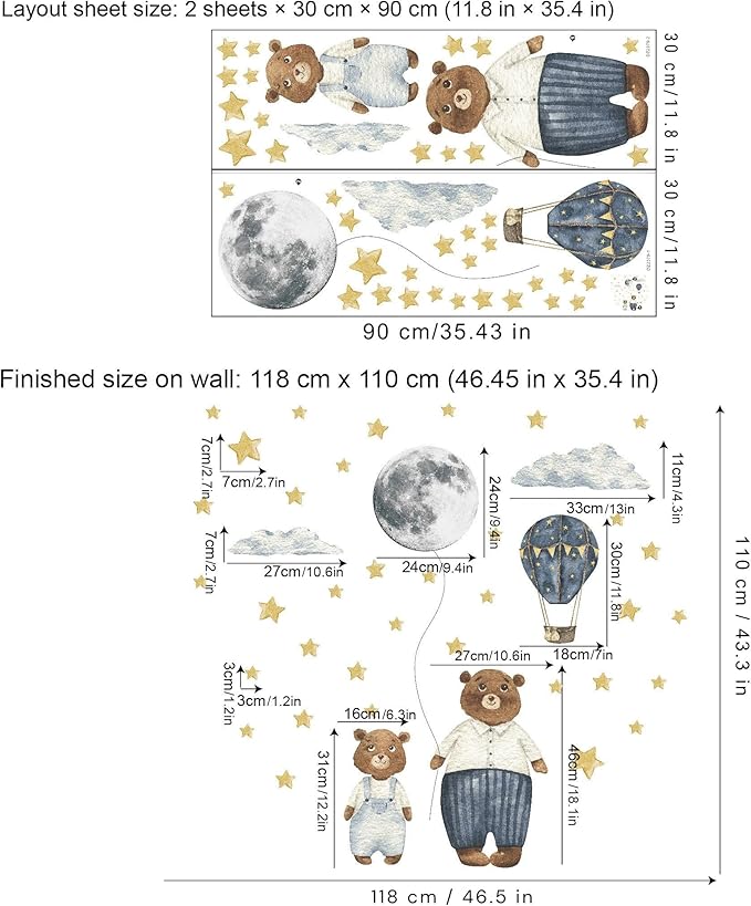 Ollaland Papa & Baby Bear Wall Decals - Peel and Stick Bears Hot Air Balloon Stars Moon Clouds Wall Stickers, Decor for Baby Nursery, Toddler & Kids Bedroom Walls (Bears)