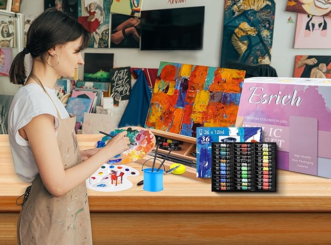 ESRICH Acrylic Paint Set, 74 PCS Professional Paint Supplies with Paint Brushes, Wooden Tabletop Easel, Canvases, Painting Pads, Palette, Paint Knives, Brush Cup and Art Sponge for Hobbyists Beginners