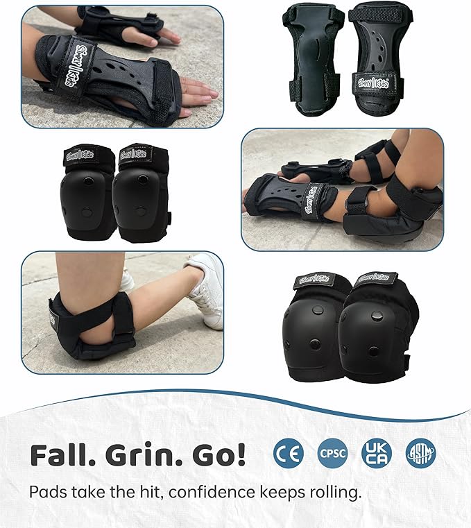 Simply Kids Knee and Elbow Pads with Wrist Guards, HardSoft Pad Tech. - CPSIA Certified Protective Gear Set - Inline Roller Skate Skateboard Bike Knee Pads for Kids Child Girls Boys Toddler Youth