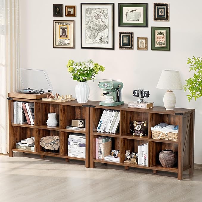 Joaxswe 8 Cube Book Shelf, Farmhouse Wood Long Storage Organizer Bookcase, 62" Horizontal Brown Walnut Console Closet Bookshelf, Hallway TV Stand for Entryway, Display Cabinet Book Case for Office