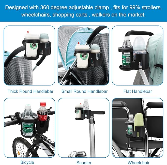 Accmor Stroller Cup Holder, Universal Cup Holder, Bike Cup Holder, 360° Rotatable Expandable Cup Holder for Stroller, Bike, Wheelchair, Walker