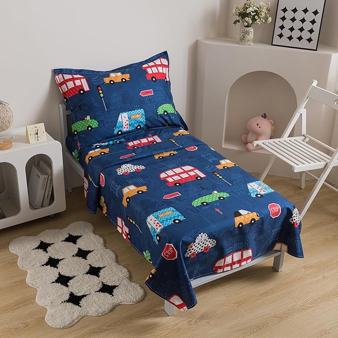 Caressma Navy Toddler Bedding Set Bed-in-a-Bag 4 Pieces, Soft Microfiber Kids Comforter with Cars,Buses & Traffic Lights Pattern, Includes Comforter, Fitted Sheet, Flat Sheet & Pillowcase