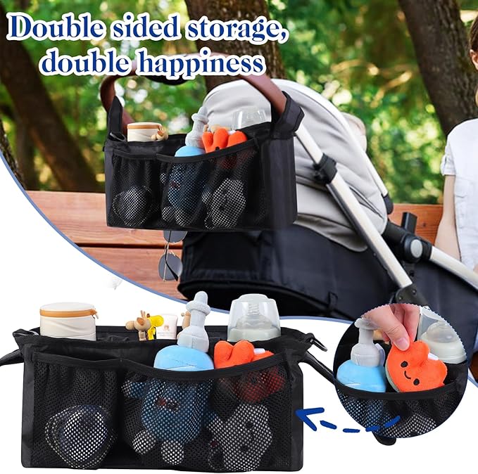 Stroller Organizer with Insulated Cup Holder,Universal Toddler Stroller Organizer Bag Caddy,Zippered Pockets for Phone,Adjustable Straps,Stroller Accessories,for Men,Women,(Balck)