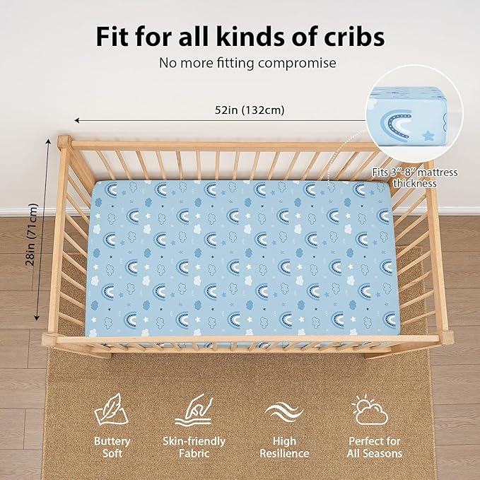 Baby Crib Sheets for Boys and Girls, 3 Pack Toddler Bed Sheets for 52”x28” Standard Toddler Mattresses, Soft Microfiber Fitted Crib Sheets Neutral Blue Cloud Animals