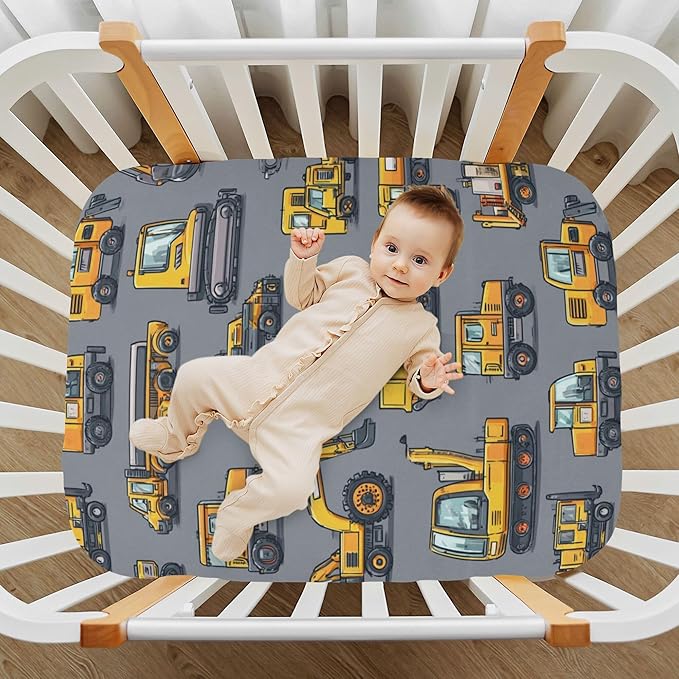 Construction Excavator Trucks Crib Sheets Soft Breathable Fitted Baby Crib Sheets Mattress Cover for Girls Boys, 52" x 28" x 9"