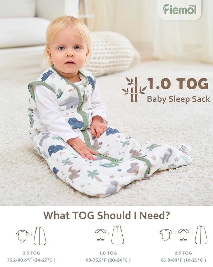 Rayon Made from Bamboo Baby Sleep Sack 0-6 Months, 1.0 Tog Baby Wearable Blanket, Soft Sleeping Bag for Newborn Infant Babies with 2-Way Zipper 2 Pack (Small) Green Dinosaur