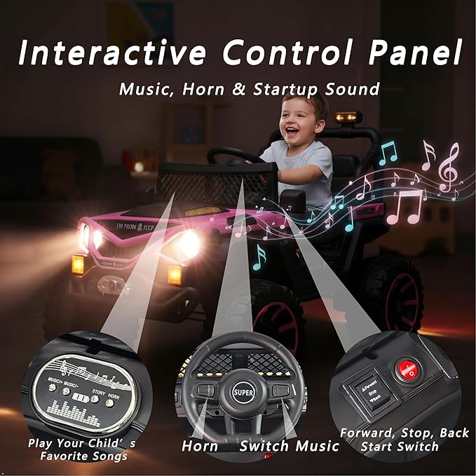 12V Kids Ride On Jeep-Style Car with Remote Control, Bluetooth Music & Stories, LED Headlights, Shock Absorption, Double Doors with Lock, Safe Speed, Battery Powered Electric Vehicle for Boys & Girls