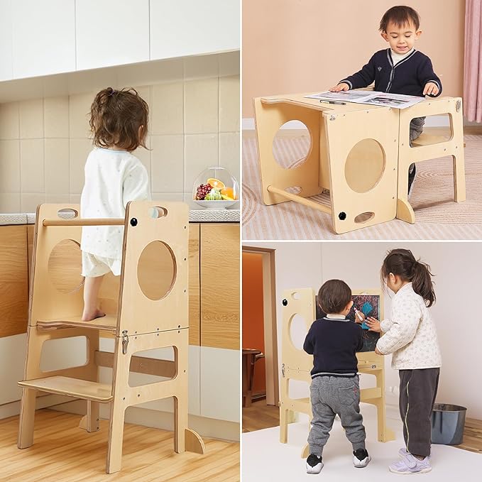 SHWWQUE Toddler Tower Step Stool for Kids Kitchen Stool Helper Toddler Standing Tower Foldable Children Table Kids Table and Chair Set Montessori Helper Tower Natural