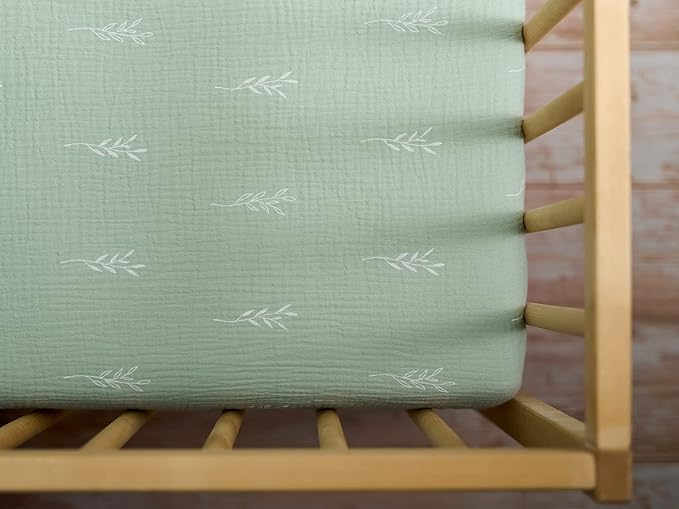 Meracorallo Muslin Fitted Crib Sheet, Soft and Breathable Green Leaf Neutral Baby Crib Sheet for Standard Crib and Toddler Mattresses
