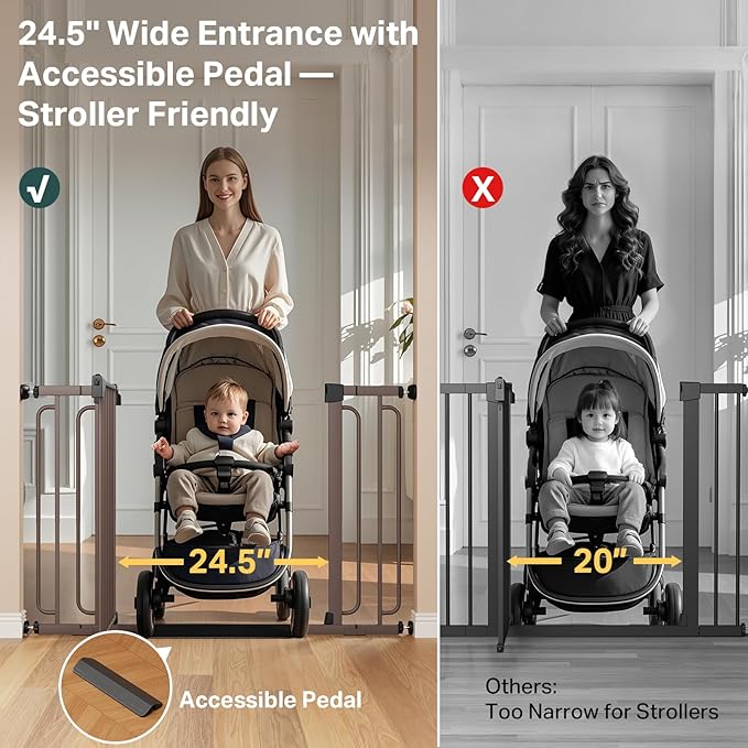 Cumbor 36.6-64" Extra Wide Baby Gate for Stairs, Dog Gates for Doorways, Auto-Close Pet Gate Indoor, Pressure Mounted Walk Through Safety Child Gate for Kids Toddler, Tall Pet Puppy Fence Gate, Brown