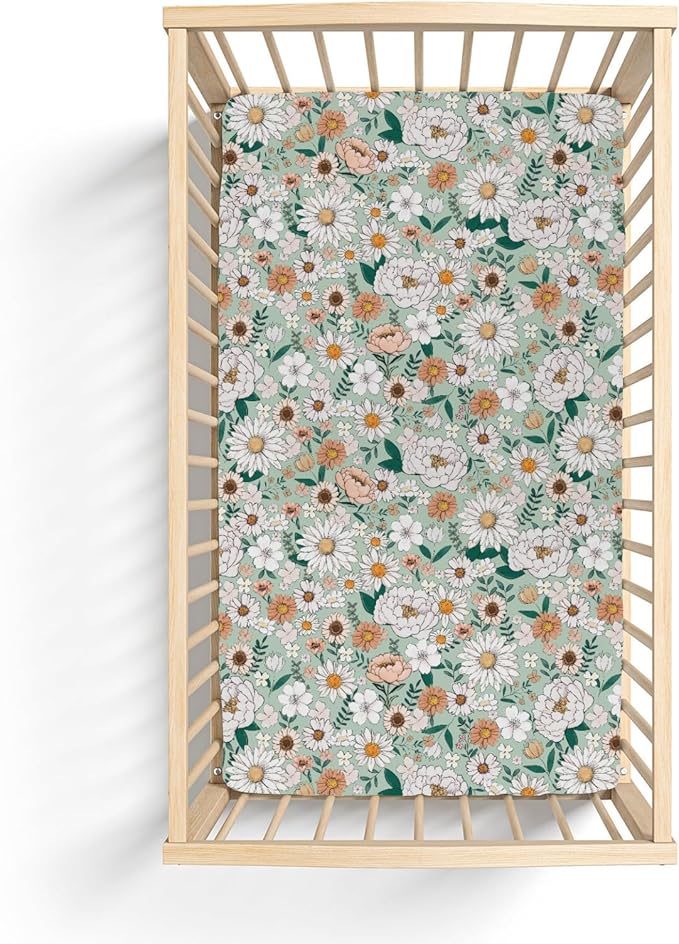 Spring Boho Floral Baby Crib Sheets for Boy Girl 28"x52" Neutral Green Flowers Leaves Soft Stretchy Fitted Crib Mattress Cover Pastel Peony Daisy Nursery Baby Sheet for Crib & Toddler Bed Mattresses