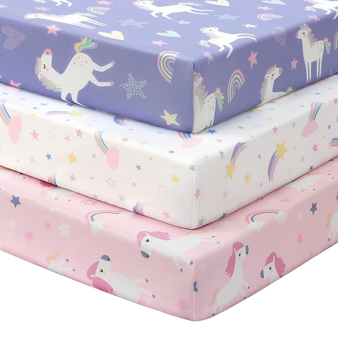 Baby Mini Crib Sheets Girl, Portable 38”x26” Pack and Play Sheets Fitted for Playard and Pack N Play Mattress, 3-Pack Soft Microfiber Pink Purple Rainbow