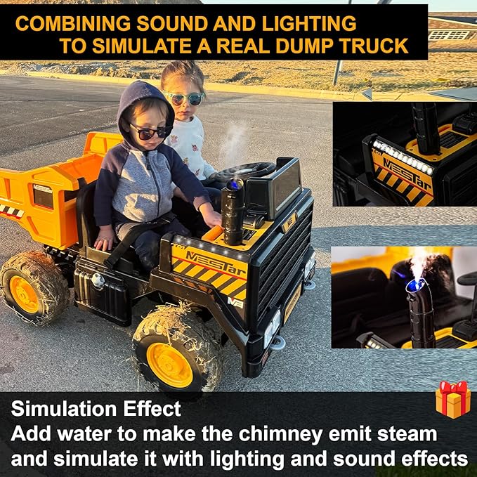 Kidsera 24V Ride On Dump Truck, 24inch-2 Seater Ride On Car for Kids w/Remote Control 4WD/2WD Up to 5 Mph, 24v Ride on Toys for Big Kids w/Electric Dump Bed Extra Shovel Traffic Cones (Yellow)