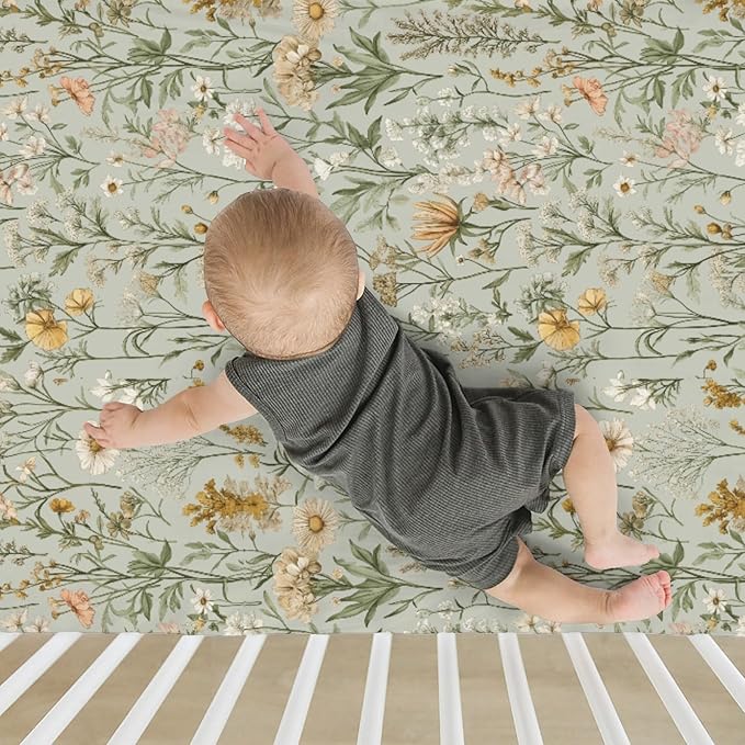Vintage Wild Flowers Baby Crib Sheets for Boy Girl 52"x28" Retro Plant Soft Stretchy Fitted Crib Mattress Cover Spring Summer Baby Sheet for Standard Crib & Toddler Mattress Pad