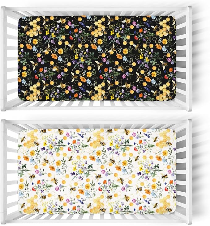 Boho Wildflower Bees Honeycomb Baby Crib Sheets for Boy Girl 52x28Inch Watercolor Honeybee Floral Soft Snug Fitted Crib Mattress Cover Summer Baby Sheet for Standard Crib & Toddler Mattress 2 Pack