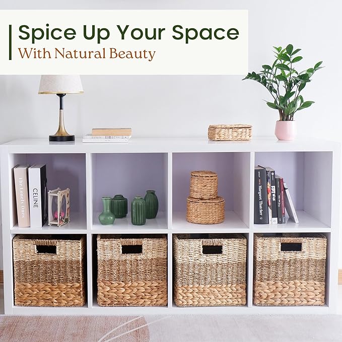 CHI AN HOME 12x12 Storage Cube Bins Wicker Storage Basket for Cube Shelf, Natural Foldable Square Baskets for Storage, Large Woven Cube Storage Bin with Handle, Baskets for Pantry, Bedroom Set of 4