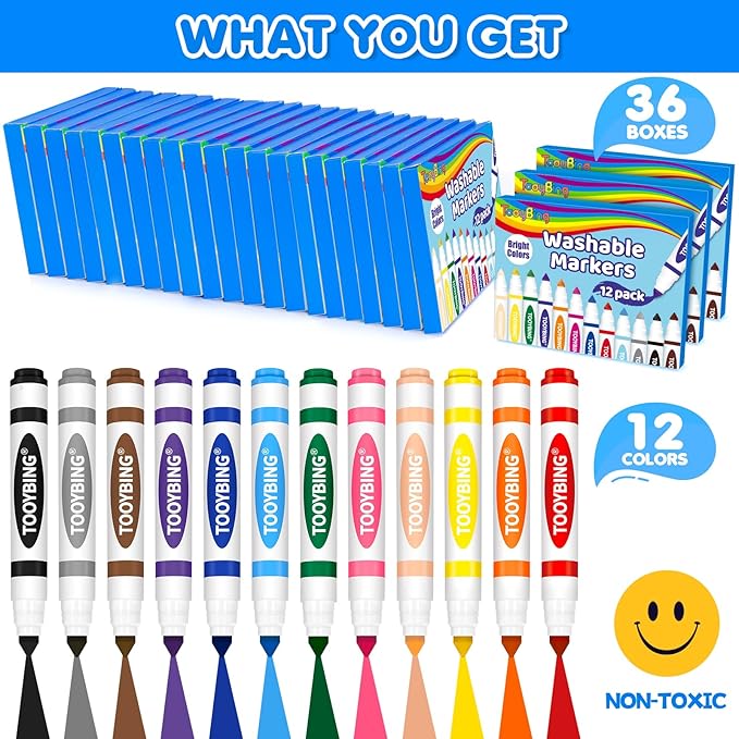 TooyBing Washable Markers Bulk (432 Count, 36 Box), 12 Assorted Colors, Washable Markers for Kids Classroom School, Broad Tip Durable for Back to Classroom Art School Supplies Essentials