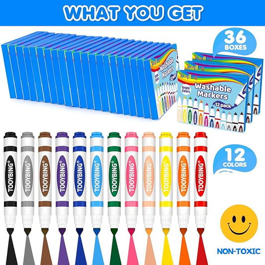 TooyBing Washable Markers Bulk (432 Count, 36 Box), 12 Assorted Colors, Washable Markers for Kids Classroom School, Broad Tip Durable for Back to Classroom Art School Supplies Essentials