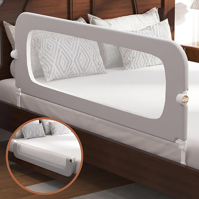 Bed Rail for Toddlers, Baby Bed Rail Guard for Kids, Toddler Bed Rails with Reinforced Anchor Fit, Height Adjustable & Foldable Bed Rail Guard for Twin, Full, Queen & King Beds (Grey, 59IN)
