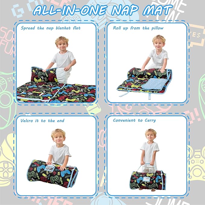 Toddler Nap Mat with Pillow and Blanket, Extra Large Rolled Napping Mats,Slumber Bags for Boys Girls,Kids Sleeping Bag for Daycare, Preschool Travel Camping