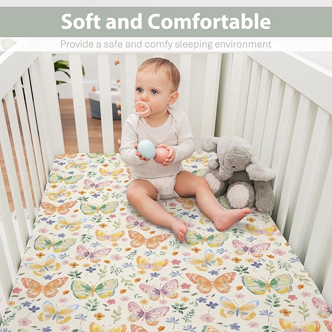 Watercolor Butterflies Spring Floral Baby Crib Sheets Boy Girl 52"x28" Pastel Flowers Leaves Soft Stretchy Fitted Crib Mattress Cover Easter Garden Baby Sheet for Standard Crib and Toddler Mattress