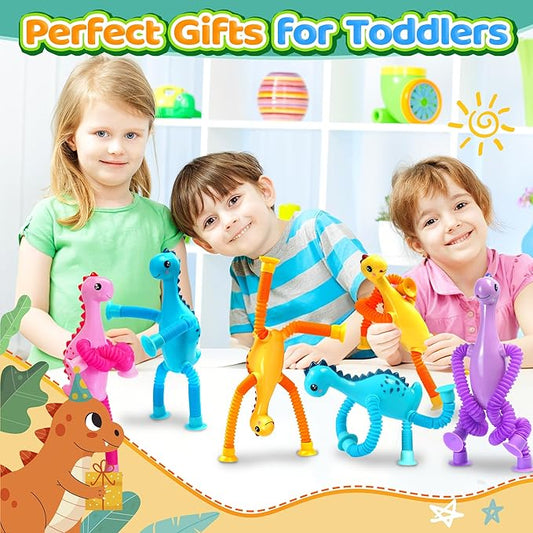4Pcs Dinosaur Valentines Day Gift for Kids Airplane Travel Toys for Toddlers Kid Boys Girls Sensory Suction Tube ADHD Autism Road Trip Car Activities Essential Chirstmas Stocking Stuffers Gifts