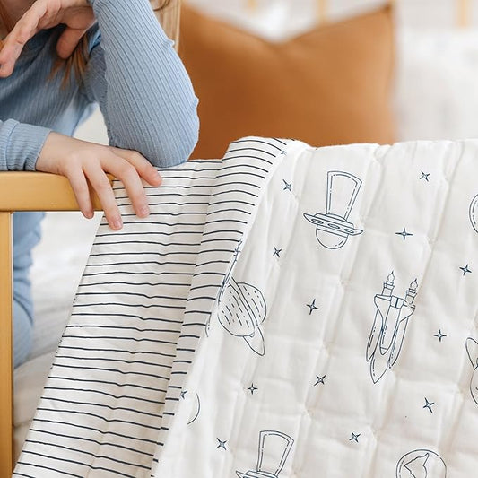 MakeMake Organics Organic Twin Comforter GOTS Certified Organic Kids Blanket Cotton Infill Tufted - Reversible Ultra Soft Breathable Boys Girls (68"x88", Astronaut + Blue Pebble)