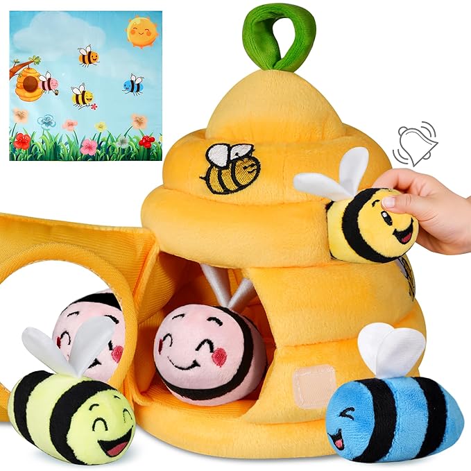 Baby Toys 6-12 Months, Plush Beehive with 4 Sensory Bees, Map Pad, Rattle, Crinkle Paper, Squeaker, Mirror, Montessori Toy for 6 7 8 9 10 11 12 Month Old, Infant Toys Christmas Birthday Gift