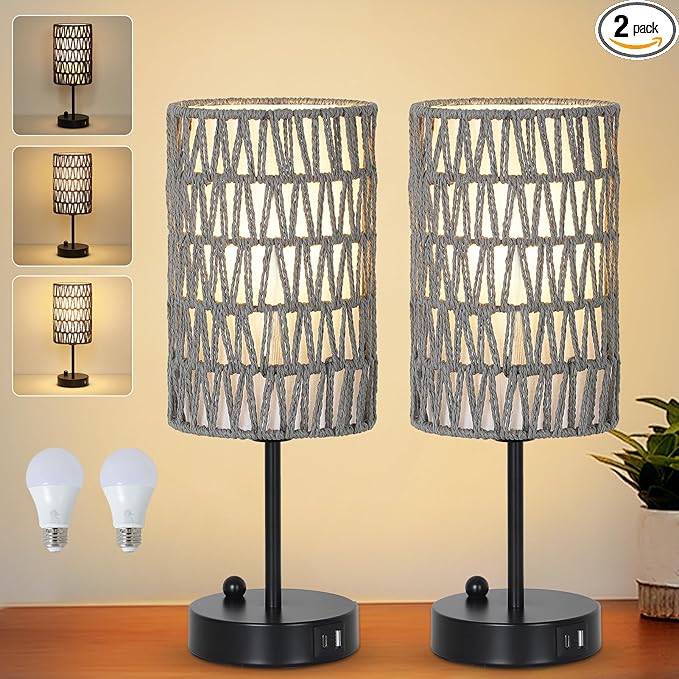 Eayaya Gray Bedside Lamps Set of 2, Touch Control Night Stand Lamp for Bedroom with Rattan & Linen Shade & Bulbs, 3 Way Dimmable Small Boho Table Lamps with USB Charging Port & Phone Stand