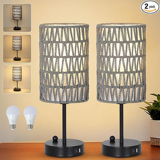 Eayaya Gray Bedside Lamps Set of 2, Touch Control Night Stand Lamp for Bedroom with Rattan & Linen Shade & Bulbs, 3 Way Dimmable Small Boho Table Lamps with USB Charging Port & Phone Stand