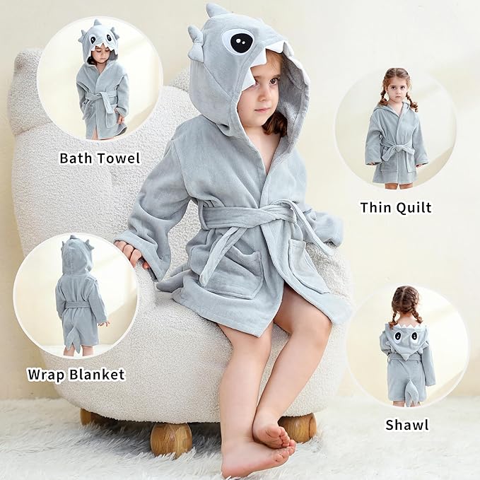 MICHLEY Girls Boys Robe Cotton Towel Baby Animal Dinosaur Style Hooded Bathrobe