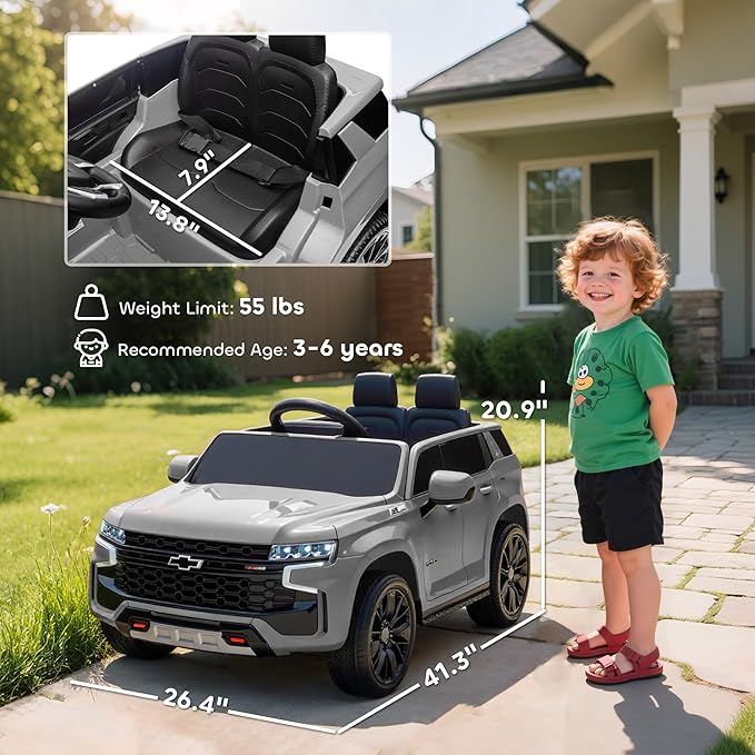 Aosom Licensed Chevrolet Tahoe Ride On Car, 12V 7AH Battery Power Ride On Toy with Parent Remote Control, LED Lights, Music, 4 Wheeler Suspension, 3 Speeds, Kids Electric Vehicle for Aged 3+, Gray