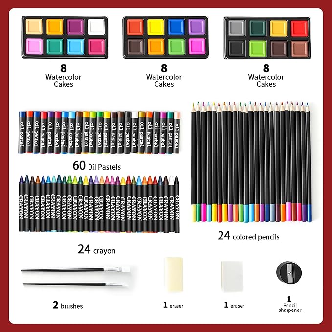 GOTIDEAL 143 Piece Kids Art Kits,Art Supplies with 3 Drawing Pads,Waterclolr Paints,Crayons,Colored Pencils,Paint Set in Wooden Case,Professional Art Kit Gift,Kids,Teens,Beginners（Auburn）