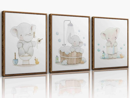 Framed. Set of three prints for bathrooms. An elephant in my bathroom wall art. Canvas Print. Funny kids Bathroom home decor. 8x10 inch.