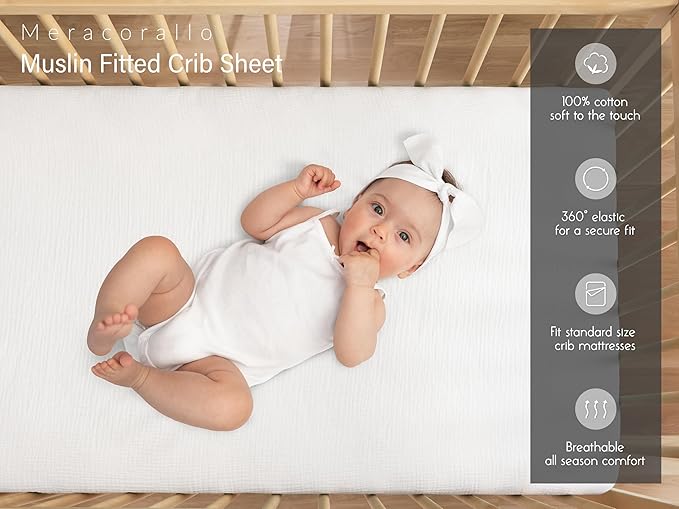 Meracorallo Muslin Crib Sheet, 100% Cotton Fitted Crib Sheet 28x52 Soft and Breathable Baby Boys Girls Cover for Standard Crib and Toddler Mattresses, White