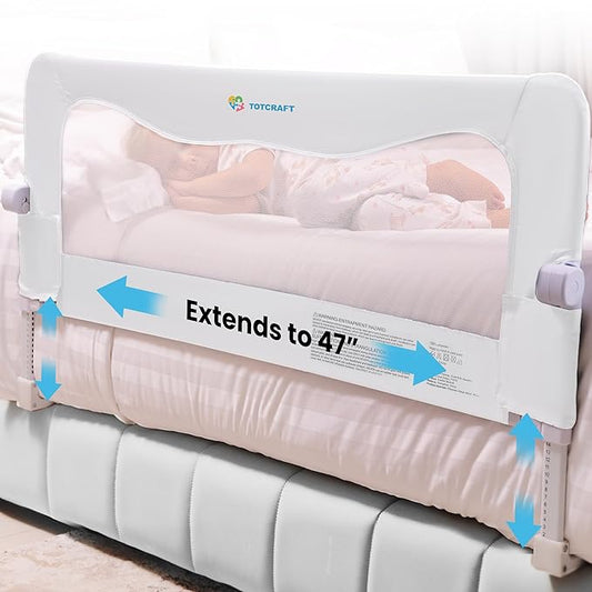 TotCraft MiniFlex Adjustable Length & Height Bed Rail for Toddlers – 35.5″ or 47″ Two Fixed Lengths,Fits Twin, Full & Queen Beds – 14 Height Levels – ASTM Certified Safety Guard Rail for Kids (White)