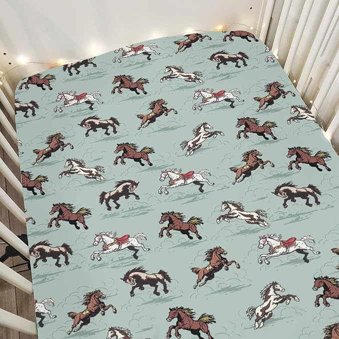 Vintage Wild Horses Baby Crib Sheets for Boy Girl 28"x52" Running Horse Soft Stretchy Fitted Crib Mattress Covers Wild Western Cowboy Animal Nursery Baby Sheet for Crib & Toddler Bed Mattress Green