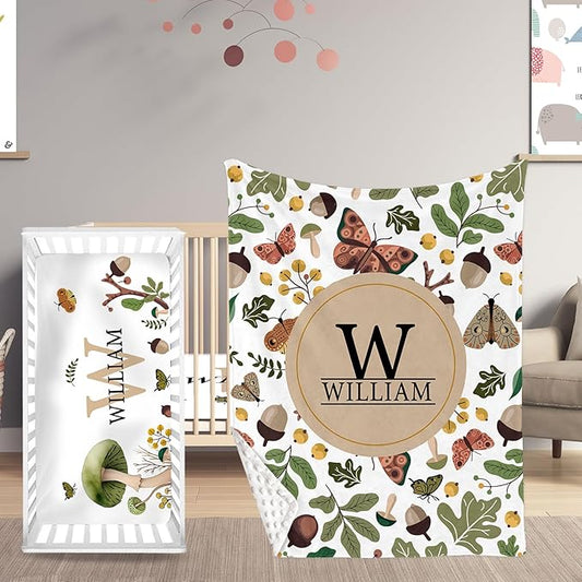 Personalized Crib Bedding Set, Toddler Plant Theme Set with Name, 2 Pcs Baby Crib Set for Infant Babys, Comfort Double Layer Blanket and Crib Sheet, Newborns Gifts