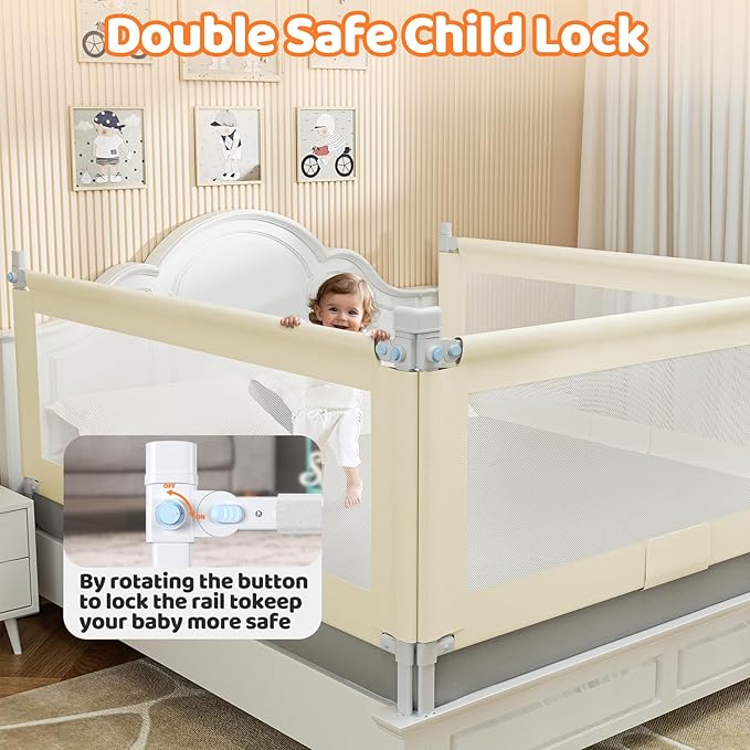 Bed Guard Rail for Toddlers - 1 Minute Quick Assembly & Double Side Lift with Safety Child Lock - Adjustable Height Baby Bed Rails for Queen King Full Size Bed(3 Packs, 78.74×78.74×74.8")