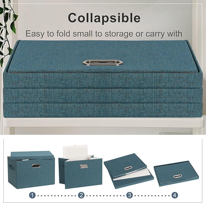 Graciadeco Large 17" 36 Quart Collapsible Stackable Storage Bins with Lids, 3 Packs Blue-Green Linen Fabric Closet Boxes with Lids, Storage Cube Baskets Container Organizers for Bedroom (17x12x11)