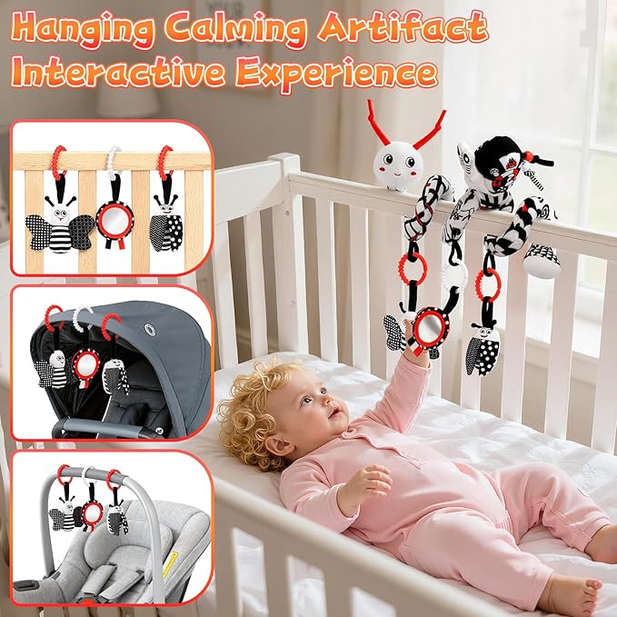 Spiral Car Seat Baby Toys 0-6 Months, Activity High Contrast Black White Sensory Toys with Wrist Rattles Set Hanging Stroller Accessories, Newborn Adjustable Carseat Toys for Baby Boys Girls