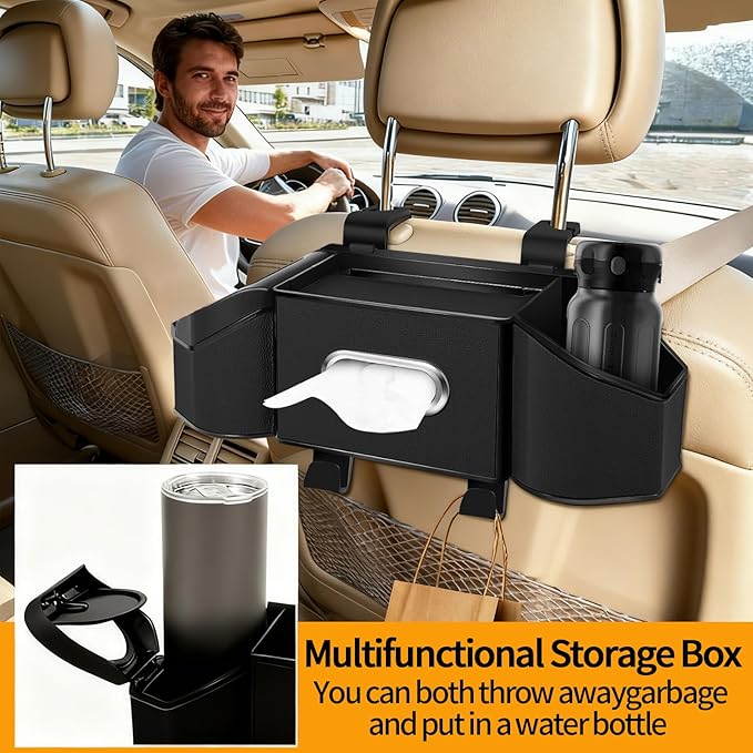 Oivjckx 7-In-1 Multifunctional Car Seat Back Organizer with Cup Holders, Tissue Box, Garbage Can & Hooks, Headrest Storage & Cup Holder for Backseat (Black)